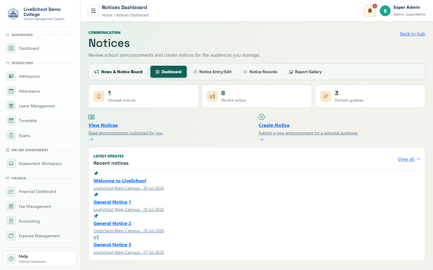 Notice board desktop interface