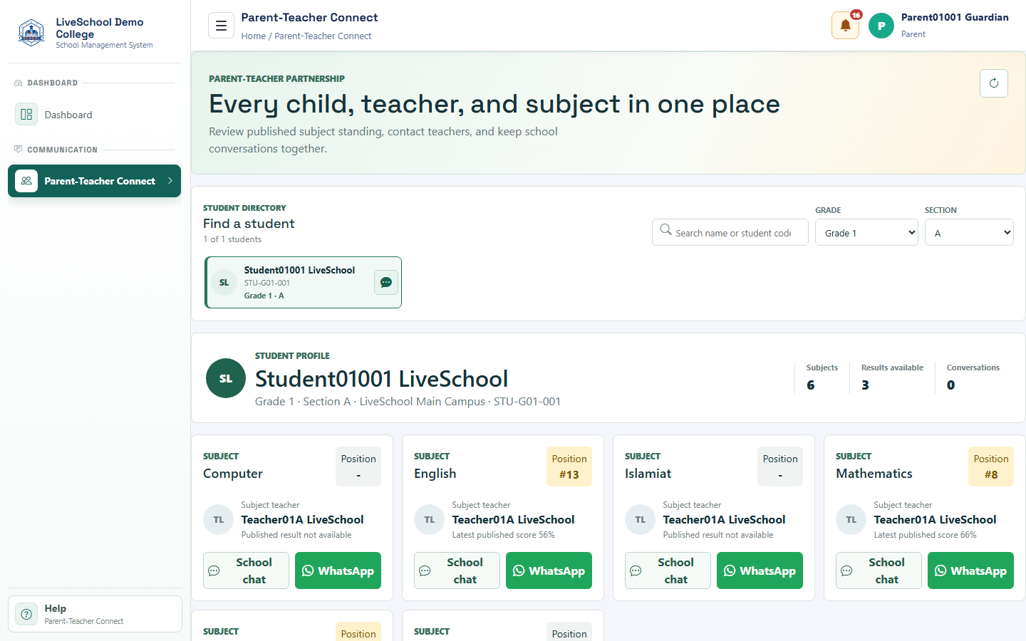 Parent-Teacher Connect desktop interface