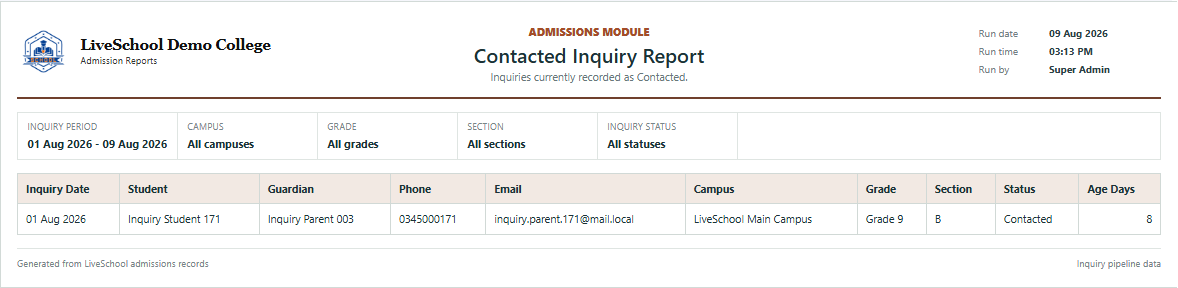 Contacted Inquiry Report first page