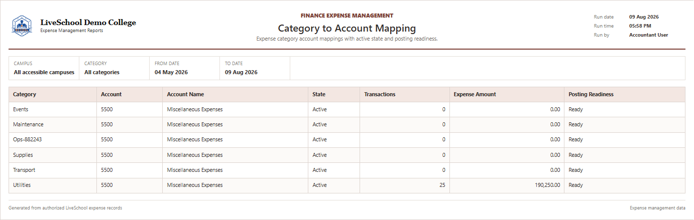 Category to Account Mapping first page