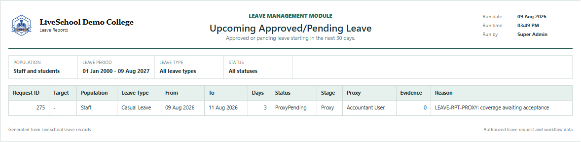 Upcoming Approved/Pending Leave first page