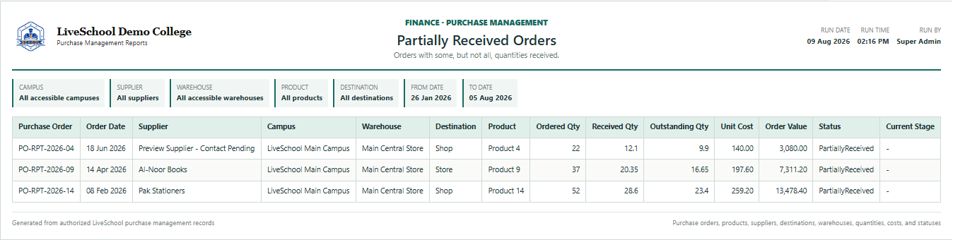 Partially Received Orders first page