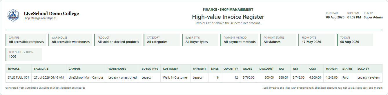 High-value Invoice Register first page
