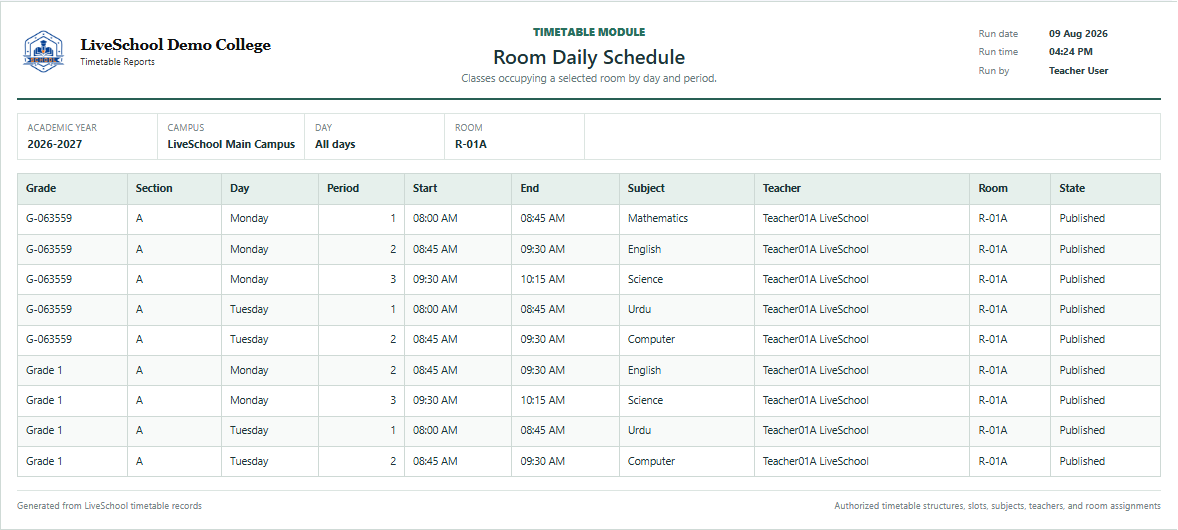 Room Daily Schedule first page