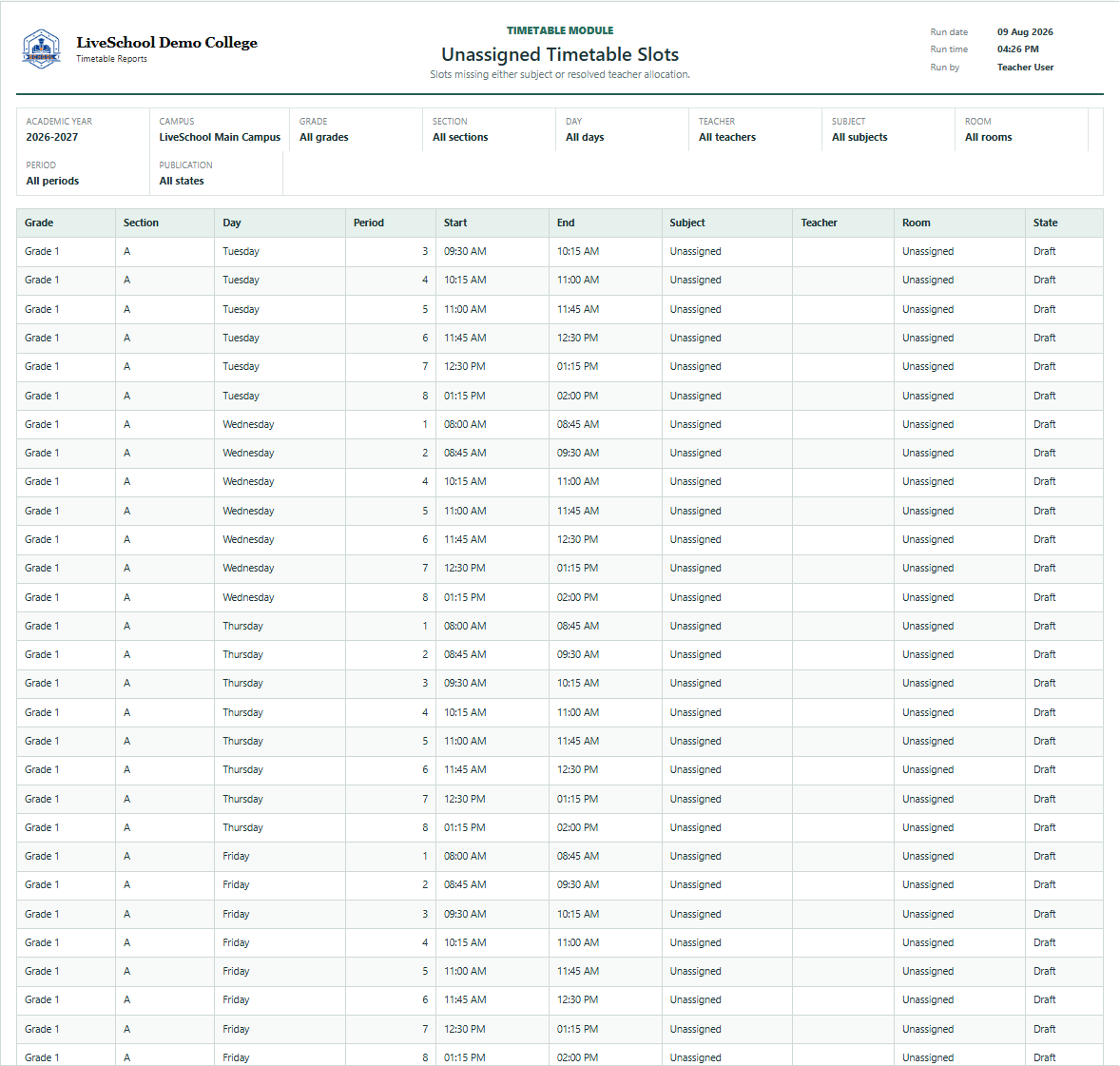 Unassigned Timetable Slots first page