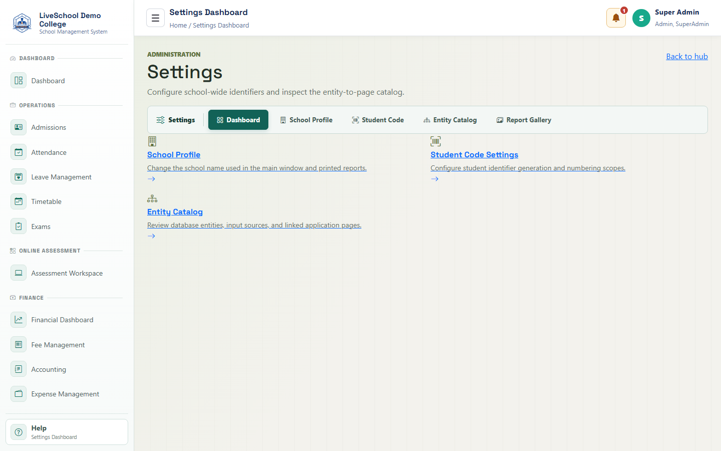 School settings desktop interface